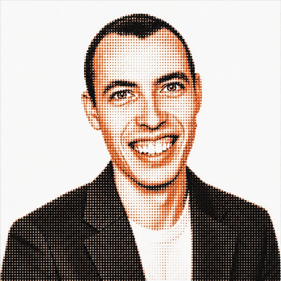 Ritratto di Simone Ergotino che sorride, a retino in nero e arancio