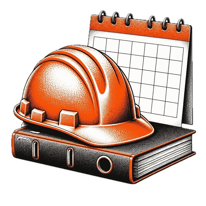 Illustrazione: un casco da cantiere, inciso a puntini in arancio e nero.